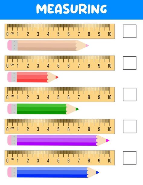 Measuring length with ruler. Education developing worksheet. Game for kids.Vector illustration. practice sheets.Pencil measurement in centimeters Reading A Ruler, Centimeter Ruler, Printable Ruler, Illustration Practice, Alphabet Activities Kindergarten, Measurement Worksheets, Measuring Length, Math Measurement, Kids Vector