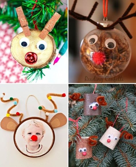 Reindeer and Rudolph ornament ideas Rudolph Ornaments Diy Kids, Rudolph Ornaments Kids, Reindeer Lightbulb Ornaments, Rudolph Christmas Ornaments Diy, Class Ornament Ideas, Reindeer Ornaments Diy For Kids, Reindeer Ornaments For Kids To Make, Rudolph Ornaments Diy, Reindeer Ornaments Diy