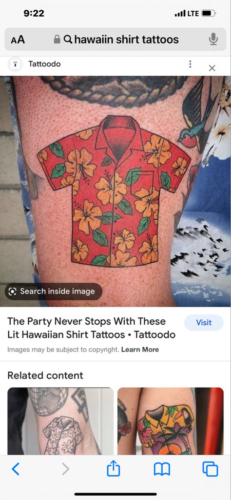 Hawaiian Shirt Tattoo, Tattoos And Piercings, Tattoo Design, Small Tattoos, Hawaiian Shirt, Tatting, Tattoo Ideas, Piercings, Tattoo Designs