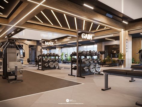 GYM on Behance Aesthetic Gym Interior, Gym Ceiling Light, Boutique Gym Design, Workout In Home, In Home Gym, Fancy Gym, Commercial Gym Design, Gym Architecture, Fitness Center Design