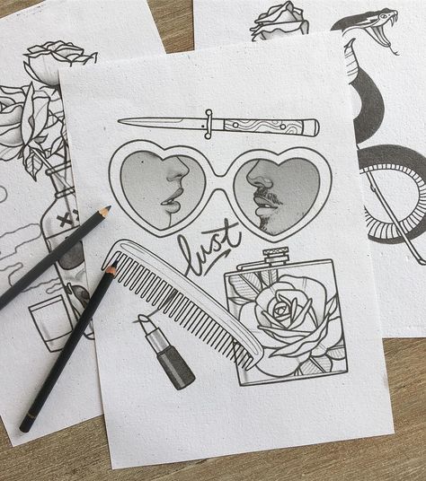 These are a few of my favorite things... #illustration #tattoo #flash #traditionaltattoo #rose #knife #booze #lust #skull #dagger #snake #makeup #heart #heartshapedglasses Heart Shaped Glasses Tattoo, Rose Knife, Snake Makeup, Rik Lee, Things Illustration, Glasses Tattoo, Knife Tattoo, Heart Shaped Glasses, Illustration Tattoo