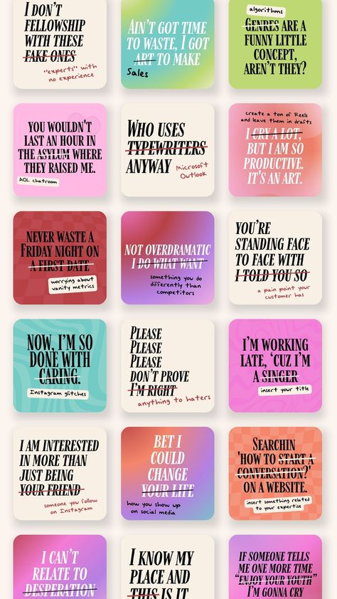 These super fun Instagram Feed Post templates feature some quotes from your FAVE women in pop! These lyrics from Beyonce, Billie Eilish, Ariana Grande, Chappel Roan, and more make for the perfect quote on your Instagram feed. Tailor these to your business or your brand and get a quick boost in engagement! Quotes Aesthetic Instagram Post, Media Kit Design Layout, Fun Instagram Feed, Lyrics Template, Brand Instagram Feed, Tips Instagram Post, Instagram Feed Post, Instagram Infographic, Media Kit Design