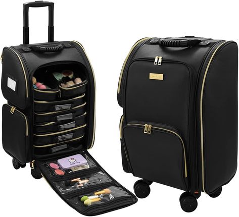 Amazon.com: Tense Edano Large Capacity Softed Sided PU Leather Trolley Makeup Train Case Cosmetics Travel Storage Organizer with Wheels Black Rolling Make up Vanity Case with Small PVC pouches : Beauty & Personal Care Makeup Train Case, Makeup Training, Vanity Case, Train Case, Travel Storage, Cosmetic Organizer, Storage Organizer, Makeup Vanity, Clear Cases