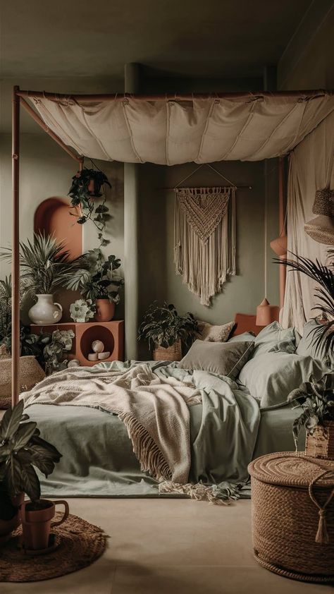 "Boho bedroom with sage green walls and earthy tones like terracotta, browns, and tans, creating a warm and cozy atmosphere." Boho Bedroom Terracotta, Sage Green Boho Bedroom, Bedroom Terracotta, Terracotta Accents, Green Boho Bedroom, Terracotta Bedroom, Boho Style Bedroom, Cozy Fall Bedroom, Fall Bedroom