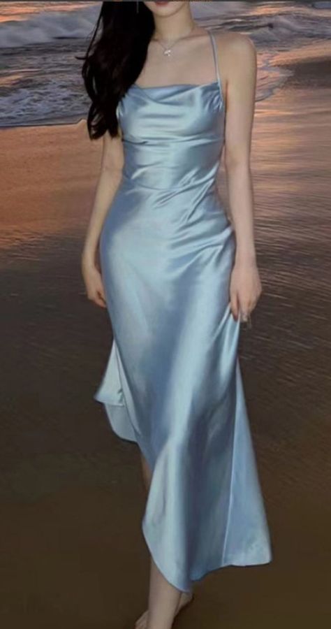 Aesthetic Blue Halter Silk Satin Maxi Dress. https://pradize.com/collection/classy-evening-maxi-dresses-long-formal?menu= Dresses With Ruffles Classy, Formal Mid Length Dress, Midi Prom Dresses, Blue Formal Outfit, Blue Dinner Dress, Light Blue Dress Outfit, Silk Blue Dress, Slate Blue Dress, Blue Dress Outfits