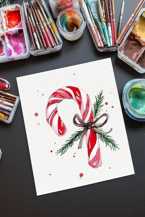 Idea For Christmas Cards, Xmas Cards Watercolor Simple, Christmas Paints Ideas, Watercolours Christmas Cards, Christmas Cards Ideas Watercolor, Watercolor Christmas Cards Ideas Simple Diy, Christmas Greeting Cards Handmade Ideas, Christmas Card Watercolor Easy, Easy Christmas Card Designs