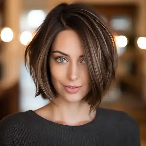 Dark Brown Hair With Blonde Highlights, Brown Bob Hair, Short Dark Brown Hair, Short Hair Highlights, Short Dark Hair, Short Brown Hair, Chin Length Hair, Brown Hair With Blonde Highlights, Haircuts For Medium Hair