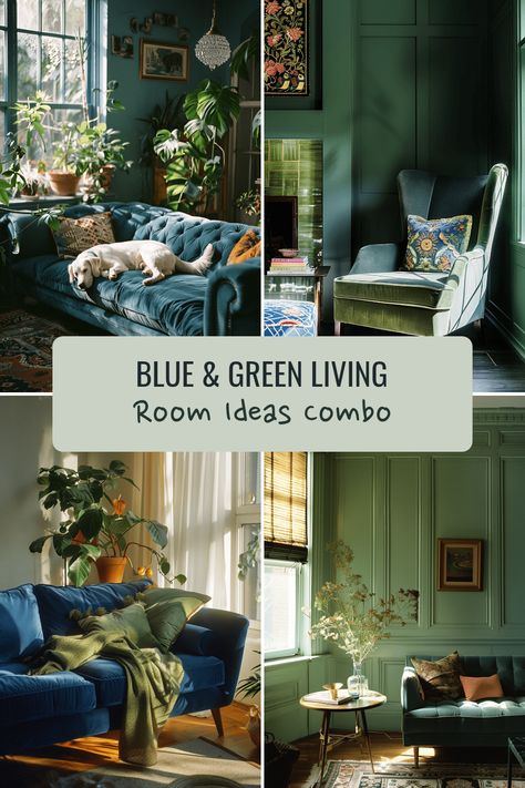 Looking to add a touch of freshness to your living space? Explore 12+ blue and green living room ideas for a vibrant atmosphere. Discover stylish decor tips to effortlessly blend blue sofas, green throws, and more. Create a boho vibe with moody dark shades of green walls and blue accents. Get inspired today! Green Sofa Blue Walls Living Room, Green Sitting Room Walls, Green Sofa Blue Walls, Decorating With Blues And Greens, Green Blue Brown Living Room, Blue Green Beige Living Room, Olive And Blue Living Room, Green Walls Blue Sofa, Blue And Green Boho Living Room