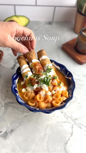 Growing Up Sarita | Easy Mexican Recipes on Instagram: "Conchitas soup with air fried taquitos The best soup when it was freezing was mom’s Sopa de conchitas. This time, with something crispy like air fried taquitos. Something easy and delicious for this cold weather. Conchitas is what mom made after school when it was cold outside and I’m transported back in time every time I smell this soup on the stove ☺️. Did your mom make this soup for you, too? Conchitas Soup Recipe 1 package conchitas Sopas Mexican, Air Fried Taquitos, Conchitas Recipe, Lent Meals, Tomato Bouillon, Soup On The Stove, Chicken Flautas, The Best Soup, Tacos Dorados