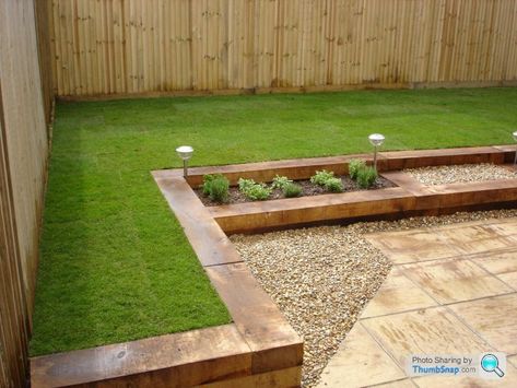 2 Level Garden Ideas, Oak Sleepers, Raised Patio, Railway Sleepers, Landscaping Retaining Walls, Garden Stairs, Tiered Garden, Back Garden Design, Sloped Garden