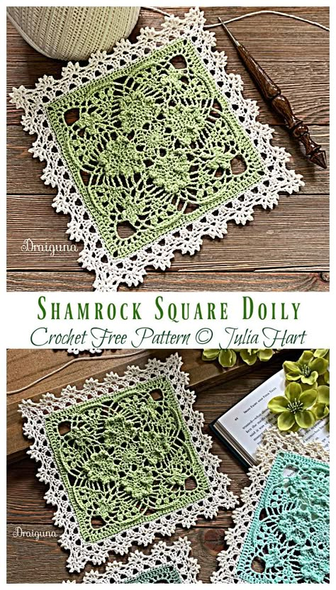 Shamrock Square Doily Crochet Free Pattern- Decorative #Doily; Free #Crochet; Patterns Square Doily, Crochet Doily Pattern, Free Crochet Doily Patterns, Doily Pattern, Crochet Motif Patterns, Crochet Blanket Designs, Crochet Lace Pattern, Crochet Blocks, Manta Crochet