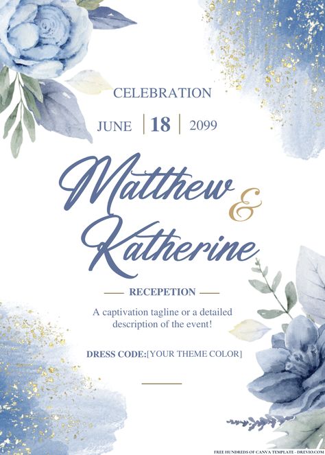 Nice FREE PDF Invitation - Dusty Blue Watercolor Wedding Invitations Your wedding day is a celebration of love, and every detail should reflect your unique style and personality. One of the first glimpses your guests will have into your special day is through your wedd... Invitation Dusty Blue, Wedding Invitation Layout, Digital Wedding Invitations Templates, Invitation Layout, Watercolor Flower Wedding, Blue Invitation, Free Printable Birthday Invitations, Royal Blue Wedding, Blue Themed Wedding