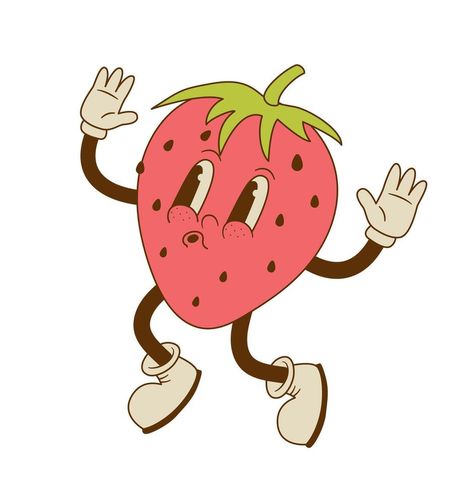 Strawberry Character Illustration, Healthy Food Cartoon, Food Character Design, Strawberry Character, Strawberry Cartoon, Healthy Vegan Food, Fruit Character, Retro Strawberry, Vintage Mascot