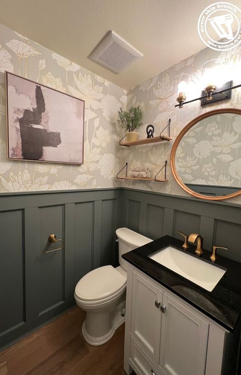 Wallpaper Bathroom Ideas Farmhouse, Waynes Coating Painting Ideas, Bathroom With Waynes Coating Wainscoting Ideas, Craftsman Bathroom Wainscotting, Waynes Coating Half Bathroom, Faux Wainscoting Bathroom, Powder Room Waynes Coating, Powder Room Wallpaper With Wainscoting, Green Wainscotting In Bathroom