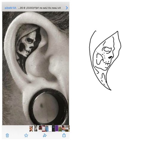 Original tattoo not mine Grim Reaper Ear Tattoo, Big Face Tattoo, Uv Face Tattoo, Scream Ear Tattoo, Ear Tattoo Design For Men, Small Black Tattoos For Men, Horror Finger Tattoos, Ear Skull Tattoo, Trippy Tattoos For Guys