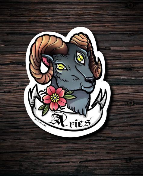 Aries Neo Traditional Tattoo, Aries Traditional Tattoo, Aries Sticker, Tattoos 2022, Self Love Tattoo, Aries Tattoo, Zodiac Tattoos, Zodiac Tattoo, Love Tattoo