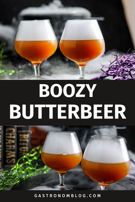 Orange Alcoholic Butterbeer Recipe in snifters with white fog on top, Halloween decor in background. Alcoholic Butterbeer Recipe, Butterbeer Cocktail, Boozy Butterbeer, Butterbeer Recipe Alcoholic, Alcoholic Butterbeer, Warm Winter Cocktails, Butter Beer Recipe Harry Potter, Boozy Recipes, Harry Potter Butter Beer