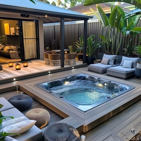 Pool Deck With Hot Tub, Hot Tub Next To Deck Ideas, Modern Hot Tub Ideas, Outdoor Patio Jacuzzi Ideas, Backyard With Jacuzzi Ideas, Rooftop Jacuzzi Ideas, Hot Tub In Deck Built Ins, Hot Tub Next To Pool, Deck Ideas For Hot Tubs