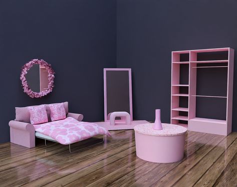 Y2k Furniture, Fluffy Mirror, Clutter Decor, Studio Apartment Furniture, Sims 4 Cc Furniture Living Rooms, Pink Apartment, Sims 4 Beds, Pink Closet, Alpha Cc