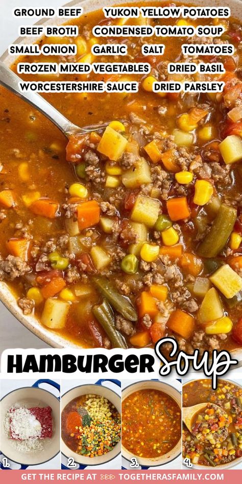 A picture of soup with a collage of step by step pictures at the bottom. Text box with the title and a list of ingredients needed to make it. Best Hamburger Soup Recipe, Healthy Dinner Recipes Crockpot, Healthy Dinner Recipes Vegetarian, Beef Soup Recipes, Dinner Recipes Vegetarian, Homemade Soup Recipe, Hamburger Soup, Ribs Recipe, Delicious Soup Recipes