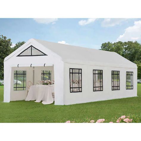 Sunjoy 30' x 12' White Outdoor Canopy Party Tent | Costco Wood Carport, Canopy Carport, Canopy Party, Pvc Canopy, Outdoor Structure, Raining Outside, Privacy Walls, Rain Gutters, Gable Roof