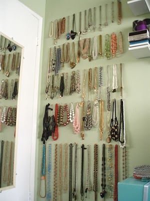 over 50 ways to organize your Jewelry - A girl and a glue gun Hang Jewelry On Wall, Organizing Jewelry, Diy Organizing, Old Window Frame, Diy Jewelry Holder, Jewelry Wall, Hanging Necklaces, Jewelry Organizers, Command Hooks