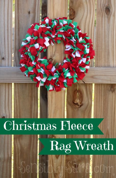 A #fabulouslyfestive Christmas Fleece Rag Wreath from @SensiblySara Fleece Scraps, Christmas Rag Wreath, Fleece Ideas, Mason Jar Craft, Fleece Crafts, Fleece Projects, Festive Crafts, Rag Wreath, Mason Jar Crafts