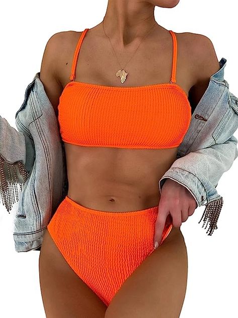 Lilosy High Waisted Tummy Control Bikini Swimsuit Set 2 Piece Neon Orange Swimsuit, Neon Bathing Suits, Orange Bathing Suit, Neon Swimsuit, Colorful Bathing Suit, Orange Swimsuit, Cute Bathing Suits, Swimming Outfit