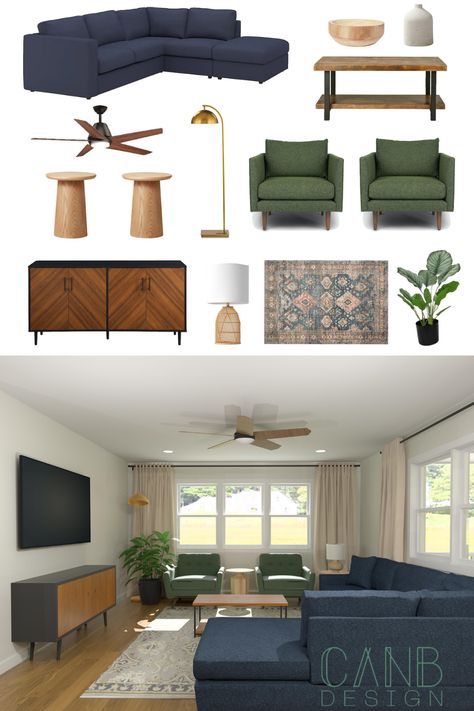 Accent Chairs For Green Couch, Green Blue Decor Living Room, Blue And Green Couch Living Room, Blue Couch Green Rug, Small Living Room With Couch And Chair, Forest Green And Navy Living Room, Blue Green Gray Brown Living Room, Beige Couch With Blue Accent Chairs, Green Blue Brown Living Room