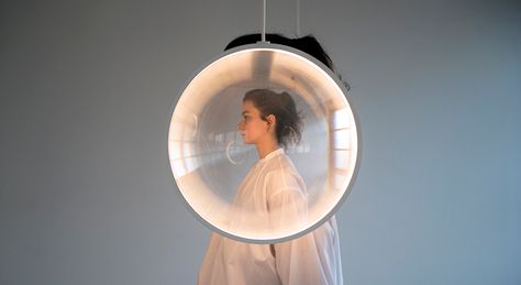 yuji okitsu’s mobile lenses sway and rotate to diffuse natural light in the interior Mobile Lens, Paper Lampshade, Convex Mirror, Soap Bubbles, Luz Natural, Types Of Lighting, Suspension Lamp, Visual Effects, Glass Lighting