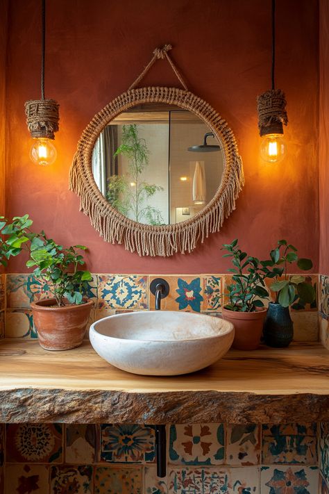 Discover the perfect blend of rustic and modern bathroom ideas. This design features a natural wood countertop, artisan tiles, and lush greenery. Ideal for creating a warm, inviting space. #BathroomDesign #InteriorInspo #HomeDecor Rustic Mexican Bathroom Ideas, Earthy Interior Design Bathroom, Mexican Style Bathrooms, Southwestern Style Bathroom, Mexican Tiles Bathroom, Boho Ensuite, Mexico Bathroom Ideas, Small Mediterranean Bathroom, Desert Aesthetic Bathroom