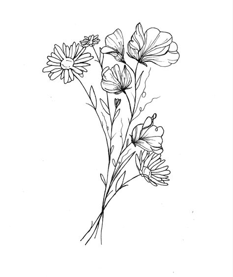 Daisy And Sweet Pea Flower Tattoo Designs, Sweet Pea Floral Tattoo, Daisies And Sweet Peas, Daisy And Sweet Pea Tattoo Sleeve, Tattoo Ideas Sweet Pea, Sweet Pea And Daisy Flower Tattoo, Sweet Pea And Daisy Bouquet Tattoo, Daisy And Sweet Pea Flower Tattoos, April Flower Bouquet Tattoo