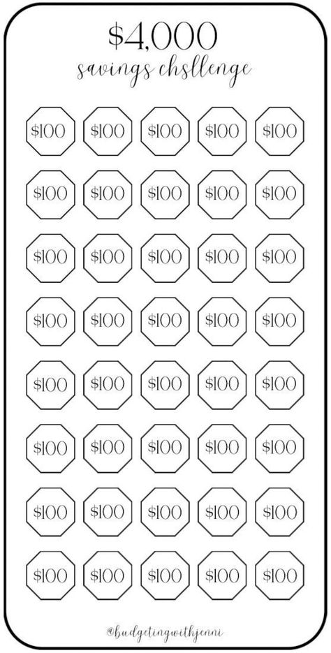 $100 Savings Challenge. Save $4,000! For every $100 color in each or cross off the icons as you cash stuff your envelope. Do this challenge at your own pace. Enjoy!  Printing Information: *Digital Download  *This is printed on an 8.5 x 11 US letter size paper *Once printed, cut and place inside your A6 envelope *Color will vary depending on ink and printer Disclaimer: This is a PDF Digital Download. No physical product will be mailed to you. Digital Download will be available once payment has be Random Savings Challenge, Savings Coloring Chart, 100 Envelopes Savings Challenge, September Savings Challenge, 3k Savings Challenge, Money Saving Challenge Low Income Weekly, 100k Savings Challenge, 4000 Savings Challenge, 3000 Savings Challenge