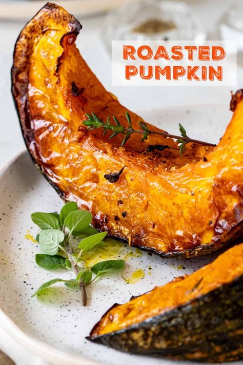 Thick wedges of pumpkin are roasted with herbs and spices. A seasonal recipe that lets the pumpkin flavor shine! Easy and delicious. This is so simple it’s borderline between a list of ingredients and a recipe. Yet ingredients, when they are good, the simpler the better, right? Essen, Roasted Pumpkin Wedges, Pumpkin Wedges Recipes, Pumpkin Recipes Roasted, Roasted Pumpkin Recipes Healthy, Squash Pumpkin Recipes, Recipes With Roasted Pumpkin, How To Roast A Pumpkin In The Oven, How To Cook With Pumpkin