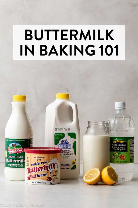 Learn how to make an easy homemade buttermilk substitute for baking recipes, as well as what buttermilk does for baked goods, why it's required in some recipes, and more about the unique properties of this curious ingredient. sallysbakingaddiction.com Make Buttermilk, Powdered Buttermilk, Buttermilk Muffins, Buttermilk Substitute, Baking Conversions, Buttermilk Waffles, Fermented Milk, No Yeast Bread, Making Butter