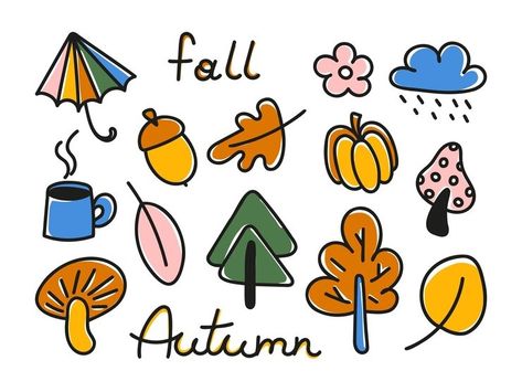 Premium Vector | Autumn doodle set Childish fall symbols leaves mushrooms cloud umbrella trees pumpkin acorn Abstract colorful clip art Vector illustration isolated on white background Fall Symbols, Cloud Umbrella, Autumn Doodles, Mushroom Cloud, Art Vector Illustration, Umbrella Tree, Painting & Drawing, Premium Vector, Graphic Resources