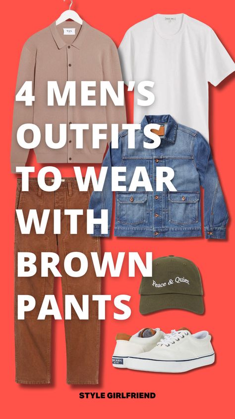 headline: 4 men's outfits to wear with brown pants, image: sweater and t-shirt with brown workwear pants and white sneakers Brown Chinos Men Outfits Casual, Brown Chino Pants Men Outfits, Brown Pants Outfit Men Casual, Brown Corduroy Pants Outfit Men, Brown Slacks Men Outfits, Brown Pants Winter Outfit, Mens Brown Pants Outfit, Men Brown Pants Outfit, Brown Pant Outfits