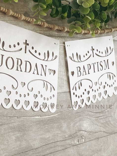 Papel Picado style baptism banner personalised with the name of your choice. Custom Papel Picado, Baptism Favors Girl, Christening Banner, 6 Flags, Baptism Banner, Name Bunting, Gift Post, Baby Baptism, Baptism Favors