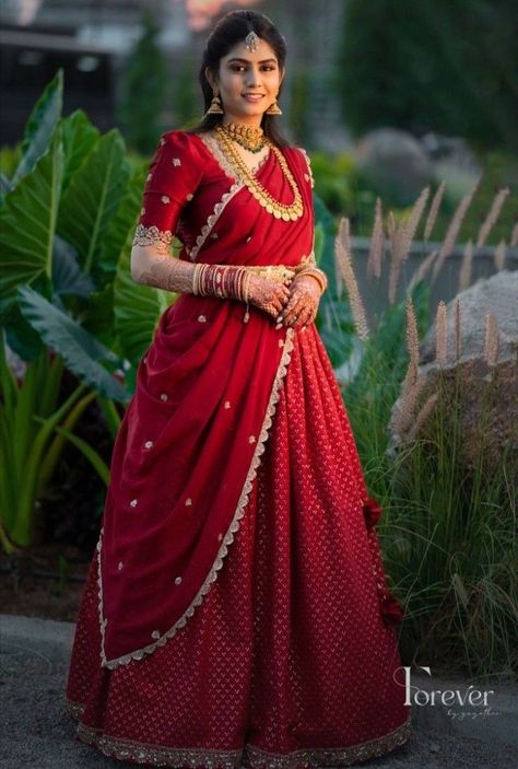 Lehenga Saree Design, Simple Lehenga, Bridal Sarees South Indian, Half Saree Lehenga, Traditional Blouse Designs, Lehenga Designs Simple, Indian Bride Outfits, Latest Model Blouse Designs, Anarkali Dress Pattern