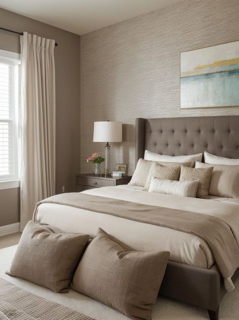 Warm Beige Bedroom, Taupe Rooms, Beige Walls Bedroom, Taupe Bedroom, Beige Room, Moore House, Tufted Upholstered Headboard, Beige Bedroom, Sleeping Room