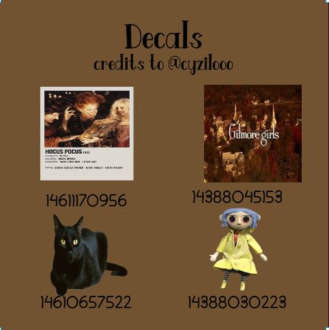 Fall/halloween decals 🍁 Roblox Bloxburg Halloween Decals, Cute Halloween Decals Bloxburg, Bloxburg Poster Codes Halloween, Halloween Picture Decals Bloxburg, Coraline Bloxburg Decals, Halloween Movie Decal Bloxburg, Halloween Pictures Bloxburg, Autumn Codes Bloxburg, Gilmore Girls Bloxburg Decals