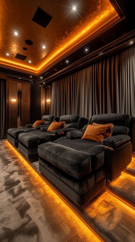 Luxurious home theater with plush seating, ambient lighting, and top-notch acoustics for ultimate cinematic experience. Modern House Theater Room, Home Theater Color Schemes, Moody Theater Room, House Cinema Room, Movie Theater Room Ideas, Movie Room Ideas Small Home Theaters, House Movie Theater, Diy Movie Theater Room, Movie Theater Basement