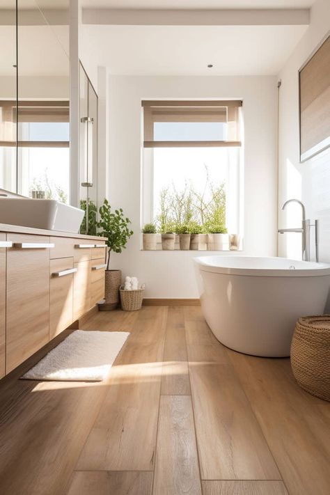 10 Bathroom Flooring Alternatives To Tile Bathrooms With Wood Floors Ideas, Modern Bathroom With Wood Floor, Tiles Floor For Bathroom, Wood Floor In Bathroom Ideas, Plank Bathroom Floor, Open Floor Bathroom, Bathroom With Floorboards, Large Bathroom Tiles Floor, Oak Floor Bathroom Ideas