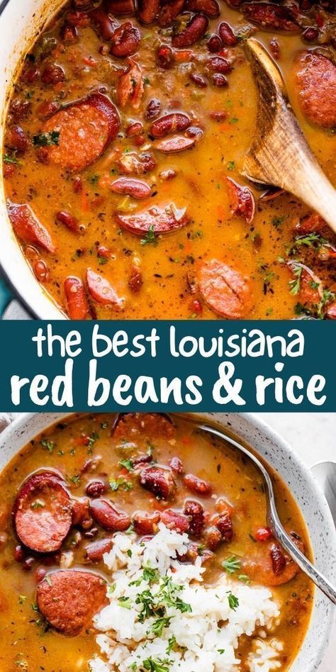 Indulge in the iconic comfort food, Louisiana Red Beans and Rice! This flavorful dish features tender red beans, spicy Andouille sausage, and authentic Creole flavors. Serve it over long grain rice for a satisfying meal. Cheap Beans And Rice Recipes, Red Bean Rice And Sausage, Red Beans And Rice With Andouille Sausage, Red Beans Rice And Sausage Crock Pot, Spicy Comfort Food, Rice And Beans Dinner Meals, Red Beans And Rice With Ground Beef, Red Beans And Rice Recipe With Ham Hock, Recipes For Winter Dinners