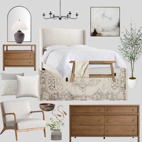 Bedroom Ideas With Light Wood Furniture, Chic Neutral Bedroom, Modern Vintage Interior Design Master Bedrooms, Neutral Bedroom Mood Board, Mix Match Bedroom Furniture, Modern Neutral Bedroom, White And Beige Bedroom, Neutral Bedroom Furniture, Yellow Bedroom Decor