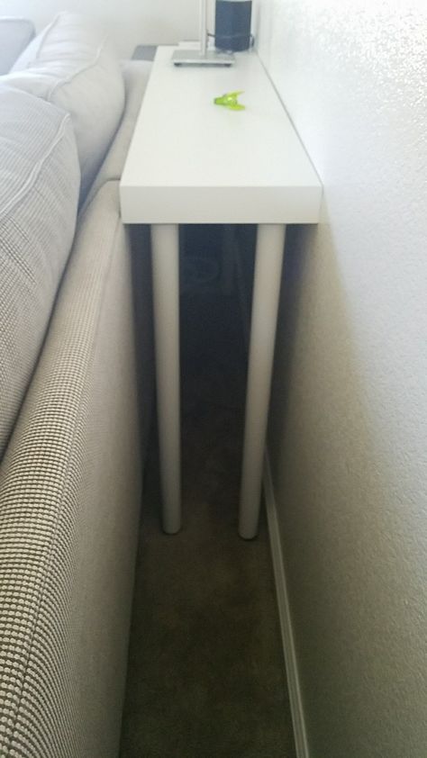 IKEA hack! Attach desk legs to a Lack shelf to create a table to go behind your couch. Total cost, $31. Radiator Behind Sofa, Ikea Lack Shelf Hack, Shelf Behind Couch, Ikea Lack Hack, Ikea Rack, Ikea Lack Side Table, Lack Shelf, Ikea Lack Shelves, Lack Table