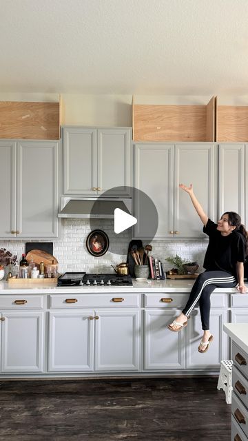 Fariha Nasir (Fa-ree-ha) on Instagram: "Extending my builder grade kitchen cabinets to the ceiling part 1 ✨ not all kitchens need cabinets all the way up to the ceiling but when all you have is a few feet left, it’s best to fill them up with cabinets and more trim 😍 I’ll share all the details in a blog post so you can follow along!  . Now the question is: should I attempt making my own cabinet doors or should I just order custom doors online? 👀 . . . . . . . . #kitchencabinets #diykitchen #kitchenrenovation #kitchenremodel" Uneven Upper Kitchen Cabinets, Fill Above Kitchen Cabinets, Kitchen Ideas Top Of Cabinets, Top To Bottom Kitchen Cabinets, Panels Above Kitchen Cabinets, Kitchen Tile To Ceiling Above Cabinets, Kitchen Above Cabinet Storage, Flushed Kitchen Cabinets, Building Cabinets Above Kitchen Cabinets