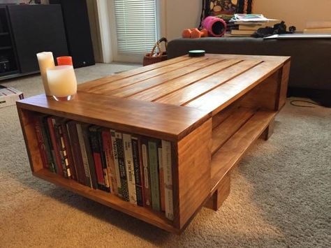 DIY Slat Coffee Table with Incorporated Book Shelves Coffee Table Made From Pallets, Slat Coffee Table, White Storage Bench, Best Coffee Table Books, Creative Coffee Table, Coffee Table Bookshelf, Coffee Table Makeover, Diy Storage Rack, Table Bookshelf