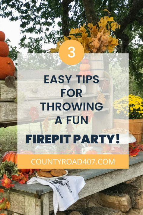 Hosting A Fire Pit Party, Autumn Bonfire Party, Fall Outside Birthday Party Ideas, Fall Girlfriend Party, Fall Fire Pit Party Ideas, Fall Themed Outdoor Party, Fire Pit Party Ideas Backyard, Bonfire Themed Birthday Party, Fall Backyard Party Decorations