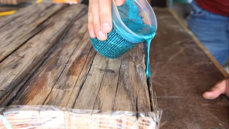 Behind the Design: Making a Farmhouse Table from Reclaimed Barn Wood Table With Resin Inlay, Epoxy Filled Wood Table, Barn Wood Epoxy Table, Epoxy Farmhouse Table, Epoxy Resin Dining Table Diy, Resin Dining Table Diy, Aproxy Wood Table, Table Inlay Ideas, Resin Filled Wood Table